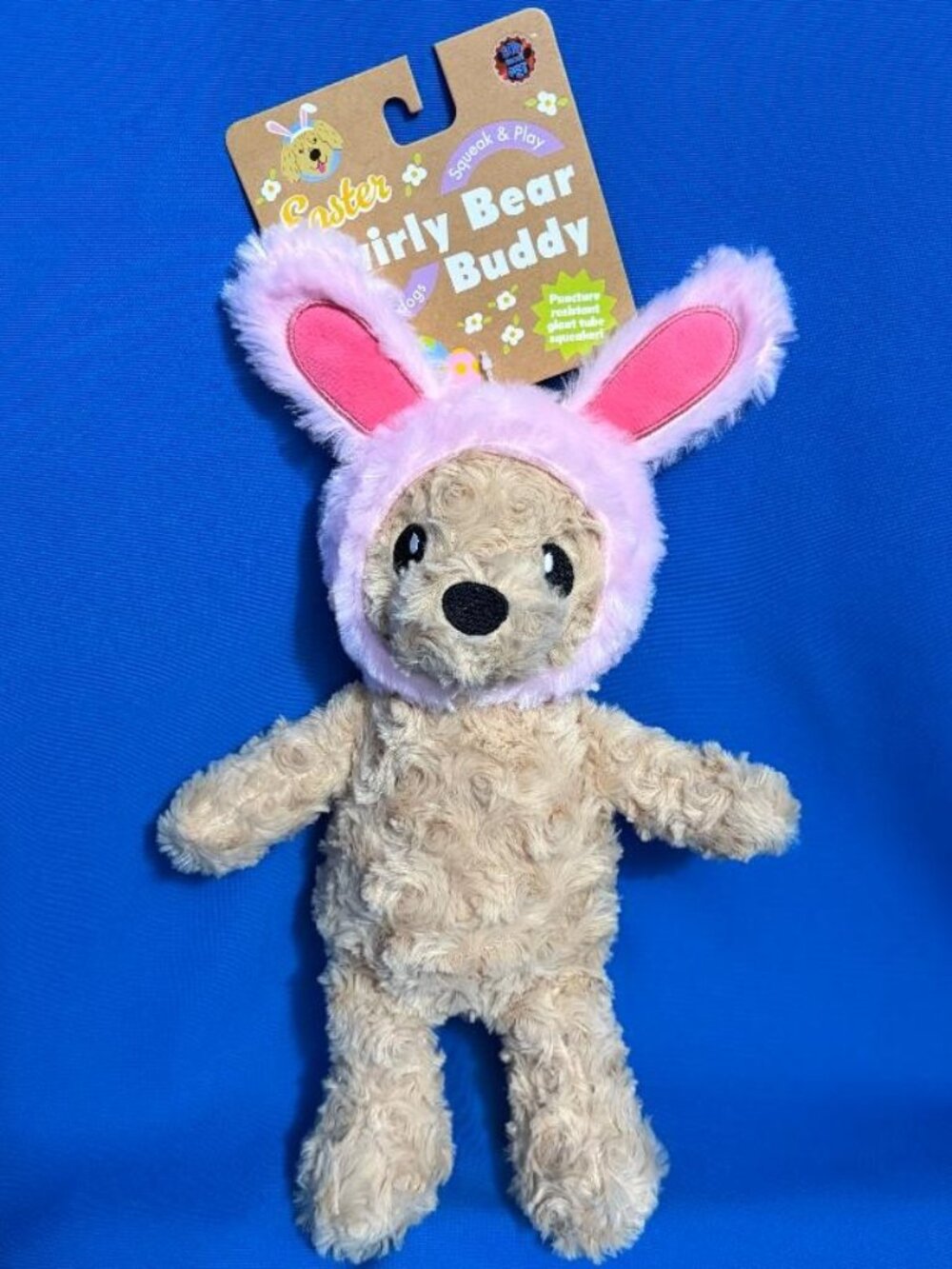 NEW  FUN & ADORABLE SWIRLY BEAR BUDDY DOG TOY WITH CRINKLE BUNNY EARS & SQUEAKER